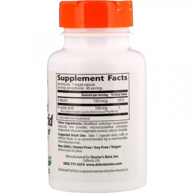 Альфа-липоевая кислота Doctor's Best Stabilized R-Lipoic Acid with BioEnhanced Na-RALA 100 mg 60 Caps