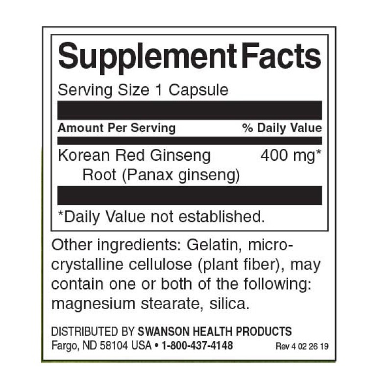 Комплекс для профілактики нервової системи Swanson Korean Red Ginseng Root 400 mg 90 Caps