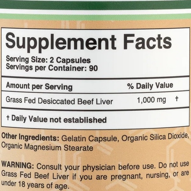 Мультивітаміни Double Wood Grass Fed Beef Liver 1000 mg (2 caps per serving) 180 Caps