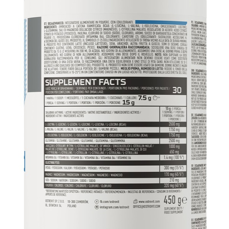 Амінокислота BCAA для спорту OstroVit BCAAdvanced 450 g /30 servings/ Green Apple