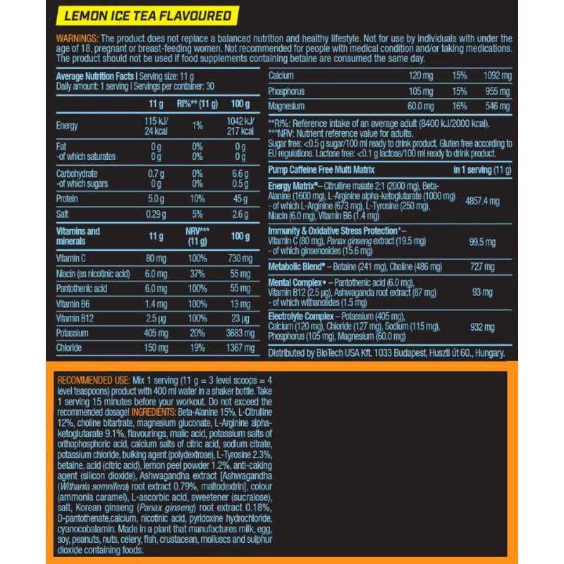 Комплекс до тренування BioTechUSA Pump Caffeine free 330 g /30 servings/ Ice Tea Lemon