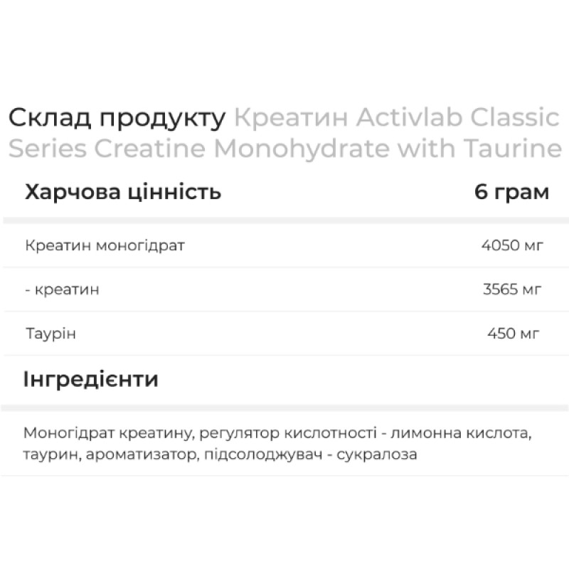 Креатин моногідрат Activlab Classic Series Creatine Monohydrate Enhanced With Taurine 300 g /50 servings/ Lemon
