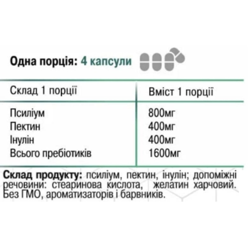 Покращення роботи кишечника Green Visa Пребіогрін, Псіліум+Пектин+Інулін 90 капс