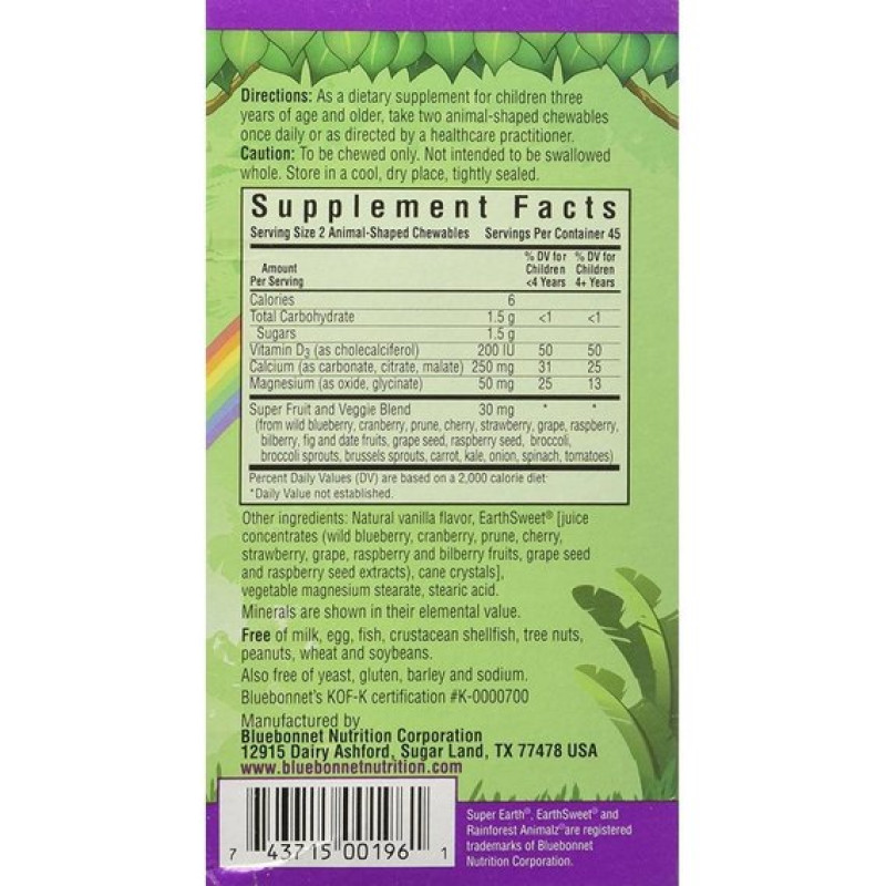 Вітамін D Bluebonnet Nutrition Rainforest Animalz Vitamin D3 400 IU for kids 90 Chewable Tabs Natural Mixed Berry Flavor