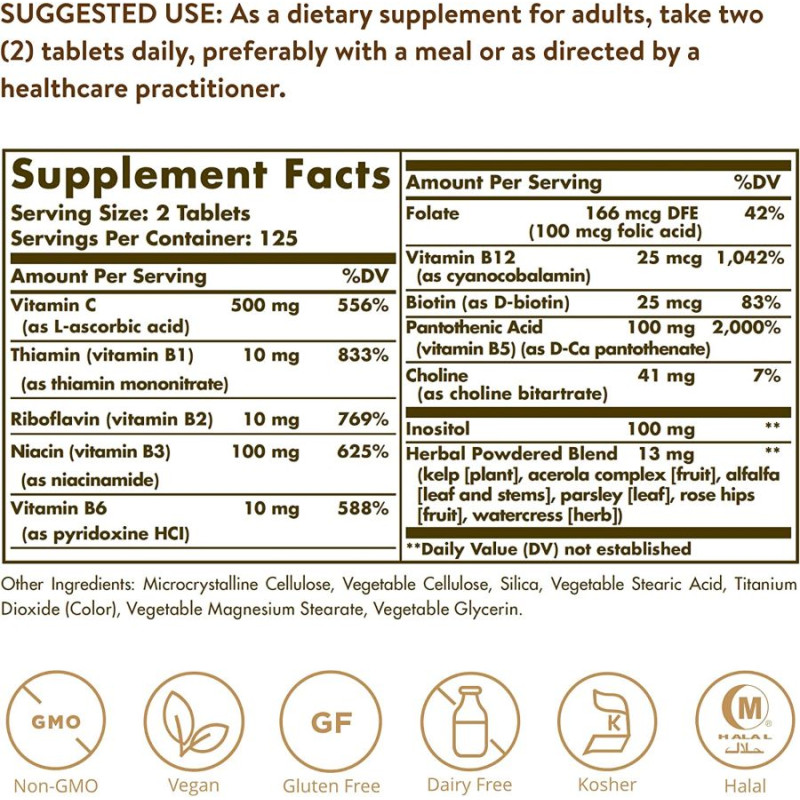 В комплекс Solgar B-Complex with Vitamin C Stress Formula 250 Tabs