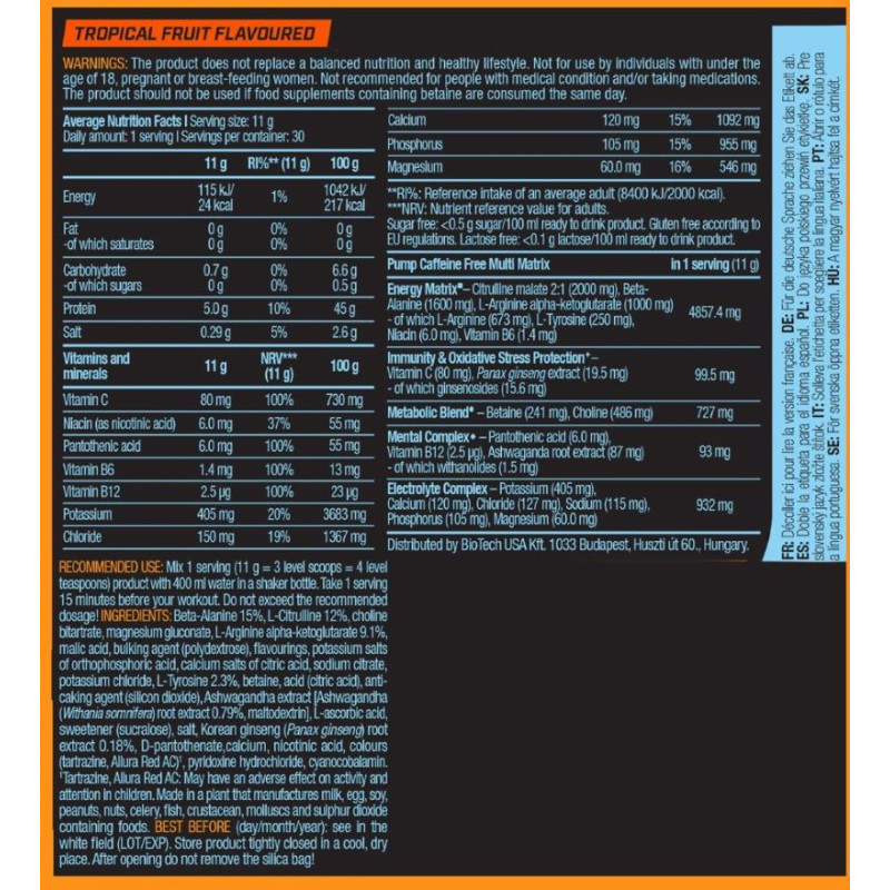 Комплекс до тренування BioTechUSA Pump Caffeine free 330 g /30 servings/ Tropical Fruit
