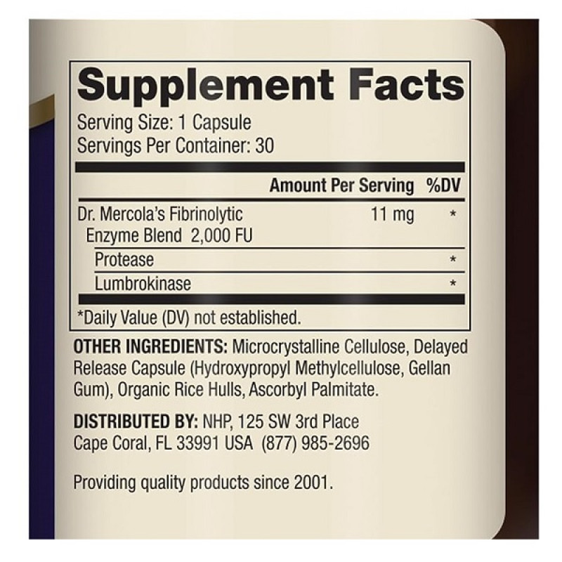 Комплекс для профілактики тиску та кровообігу Dr. Mercola Lumbrokinase Enzymes 30 Caps