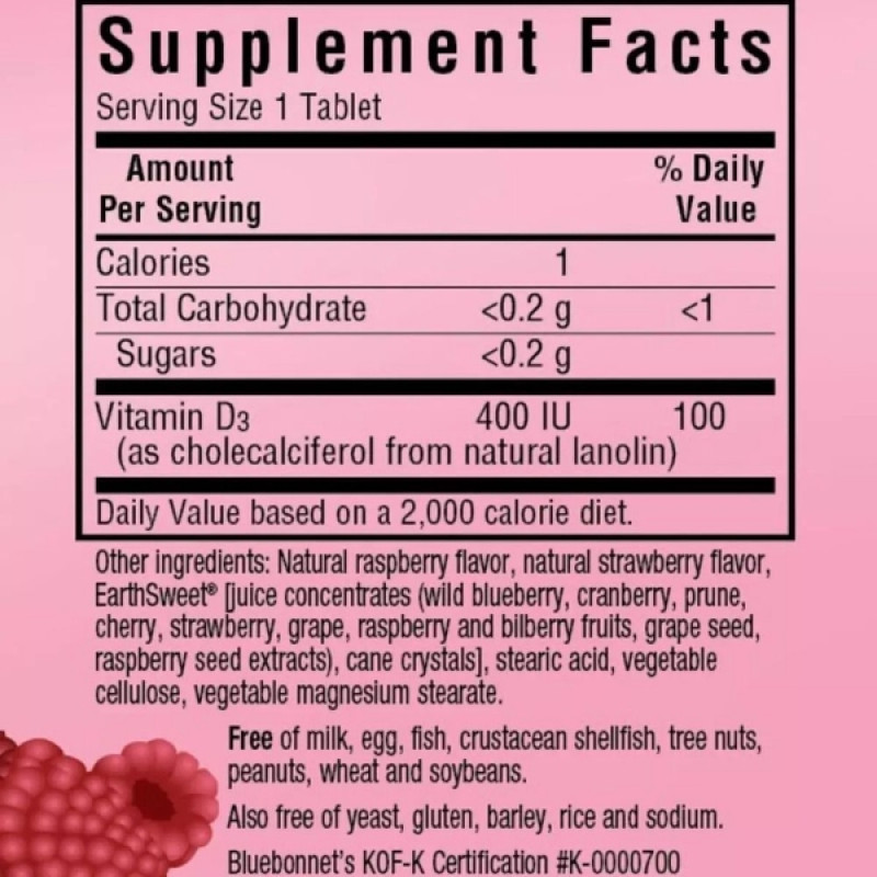 Вітамін D Bluebonnet Nutrition Earth Sweet Chewables Vitamin D3 400 IU 90 Chewable Tabs Raspberry
