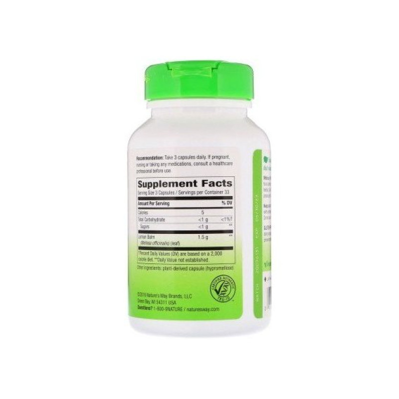 Комплекс для профілактики нервової системи Nature's Way Melissa Lemon Balm Leaf 500 mg 100 Veg Caps