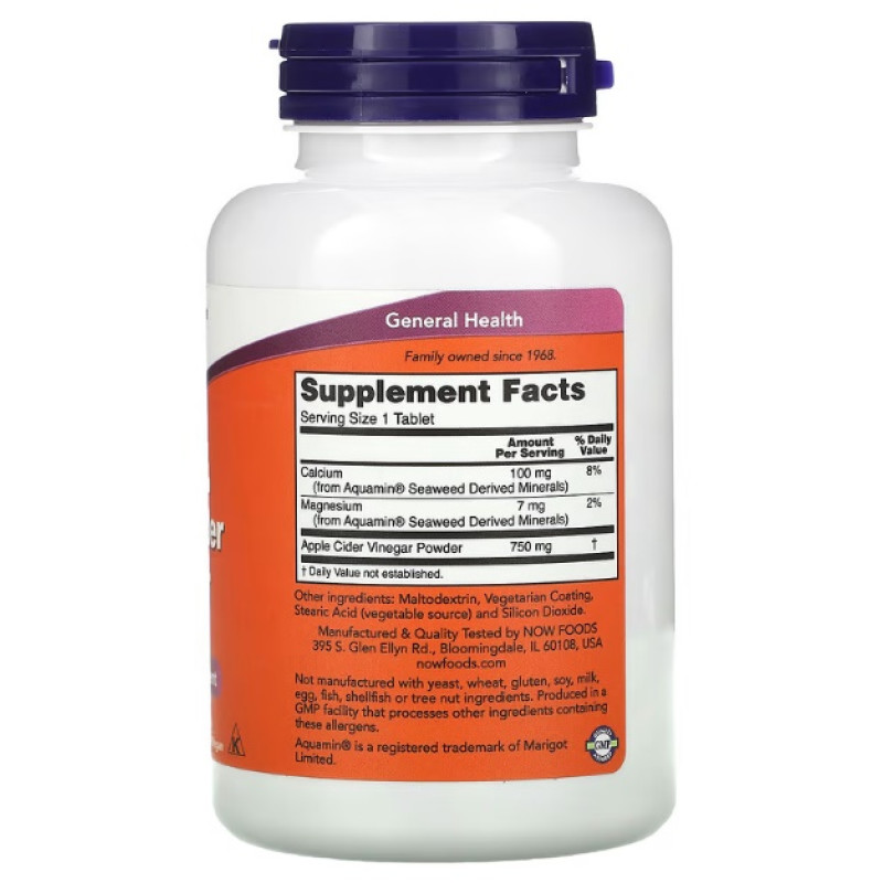 Яблучний оцет NOW Foods Apple Cider Vinegar 750 mg 180 Tabs