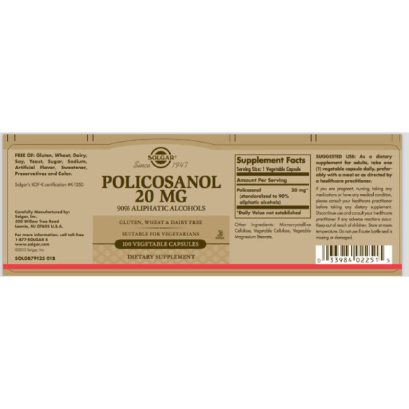Комплекс для профилактики давления и кровообращения Solgar Policosanol 20 mg 100 Veg Caps