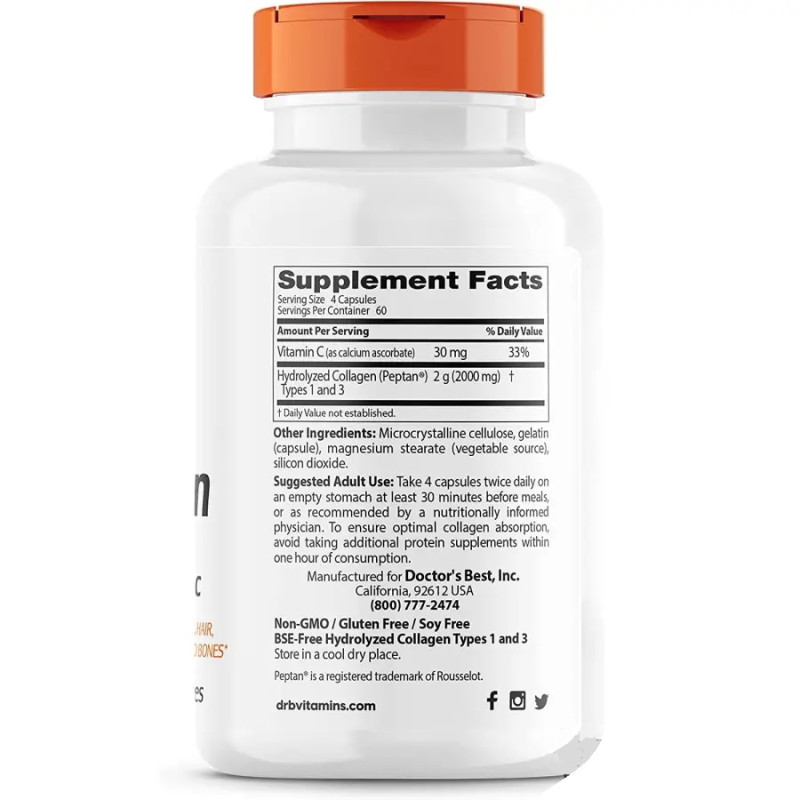 Коллаген Doctor's Best Collagen, Types 1 and 3 with Peptan 500 mg 240 Caps