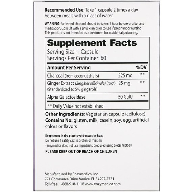 Улучшение работы кишечника Enzymedica Purify, Activated Coconut Charcoal+ 60 Caps ENZ-10065