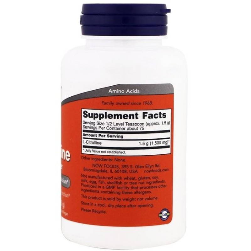 Цитруллин NOW Foods L-Citrulline, Pure Powder, 4 oz 113 g /75 servings/ NOW-00214