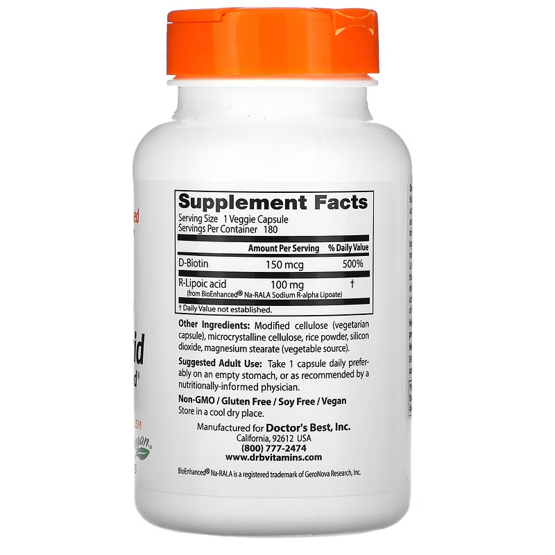 Альфа-липоевая кислота Doctor's Best Stabilized R-Lipoic Acid with BioEnhanced Na-RALA 100 mg 180 Caps