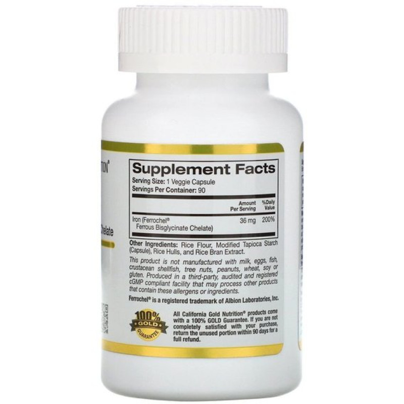 Мікроелемент Залізо California Gold Nutrition Ferrochel Iron (Bisglycinate) 36 mg 90 Veg Caps