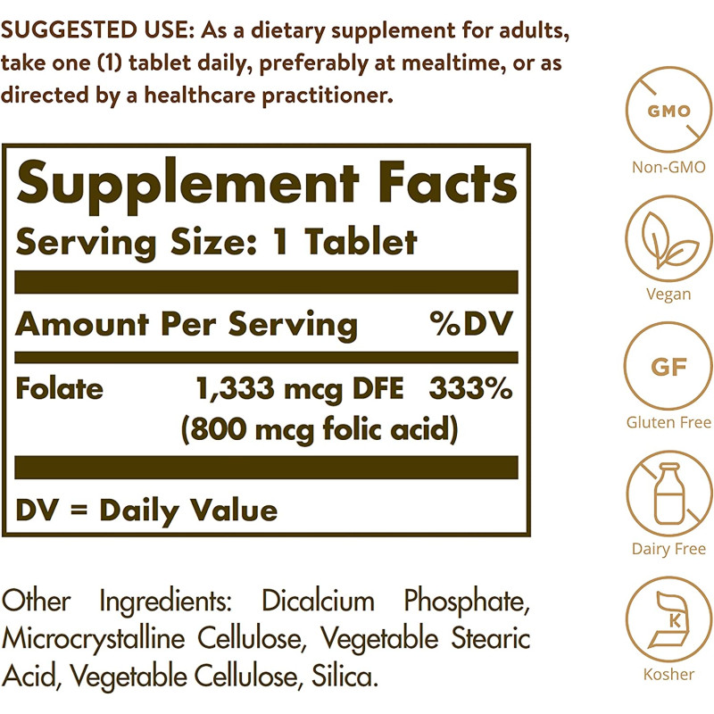 Фолиевая кислота Solgar Folate 1333 mcg DFE (Folic Acid 800 mcg) 100 Tabs
