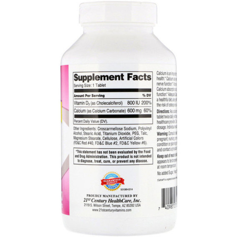 Мікроелемент Кальцій 21st Century 600+D3, Calcium Supplement, 600 mg/800IU 400 Tabs