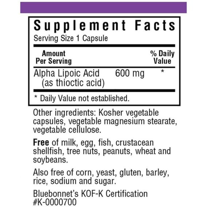 Альфа-липоевая кислота Bluebonnet Nutrition Alpha Lipoic Acid 600 mg 30 Veg Caps BLB0855
