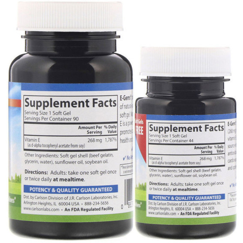 Витамин E Carlson Labs E-Gems Elite 268 mg (400 IU), 2 Bottles, 90+44 Softgels CAR-00349