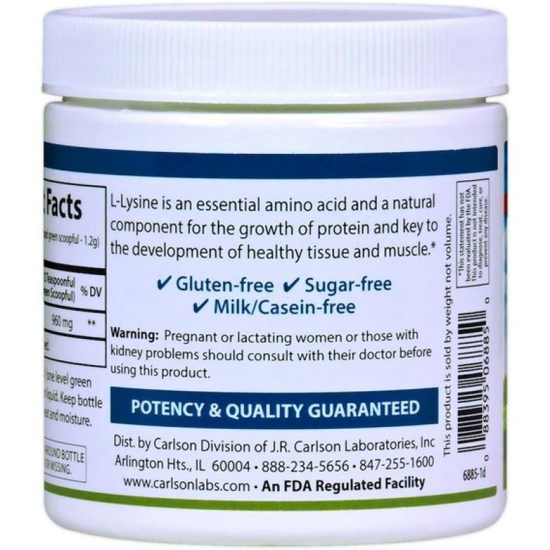 Лизин Carlson Labs L-Lysine Amino Acid Powder 3.53 oz 100 g /83 servings/