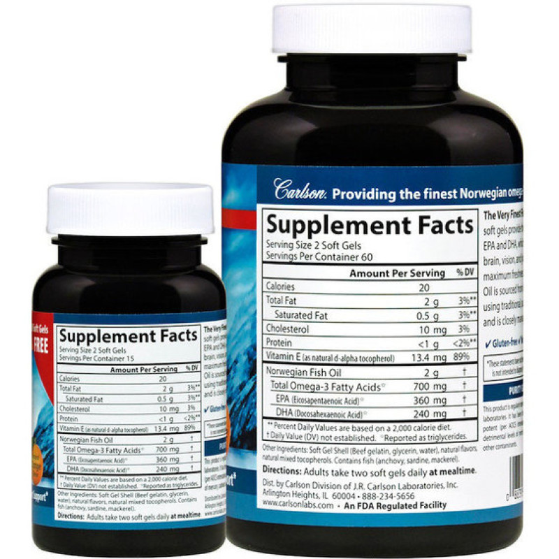 Омега 3 Carlson Labs The Very Finest 120+30 Soft Gels Lemon