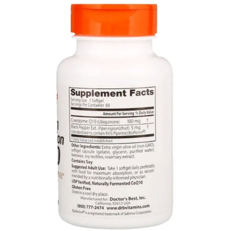 Коэнзим Doctor's Best High Absorption CoQ10 with BioPerine 100 mg 60 Softgels DRB-00088