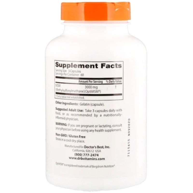 Препарат для суставов и связок Doctor's Best MSM with OptiMSM 1000 mg 180 Caps DRB-00064