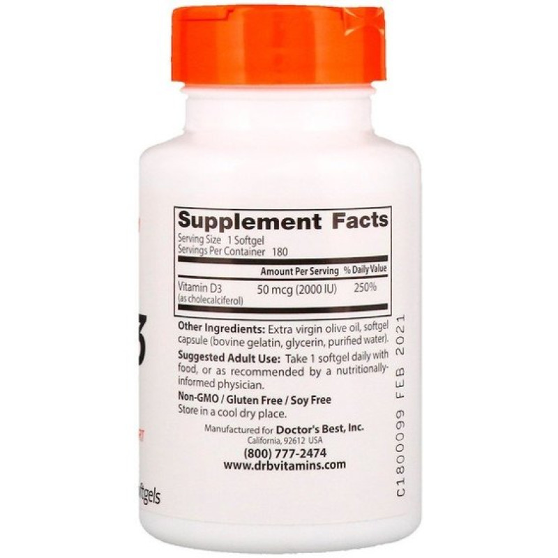 Вітамін D Doctor's Best Vitamin D3 2000 IU 180 Softgels DRB-00210