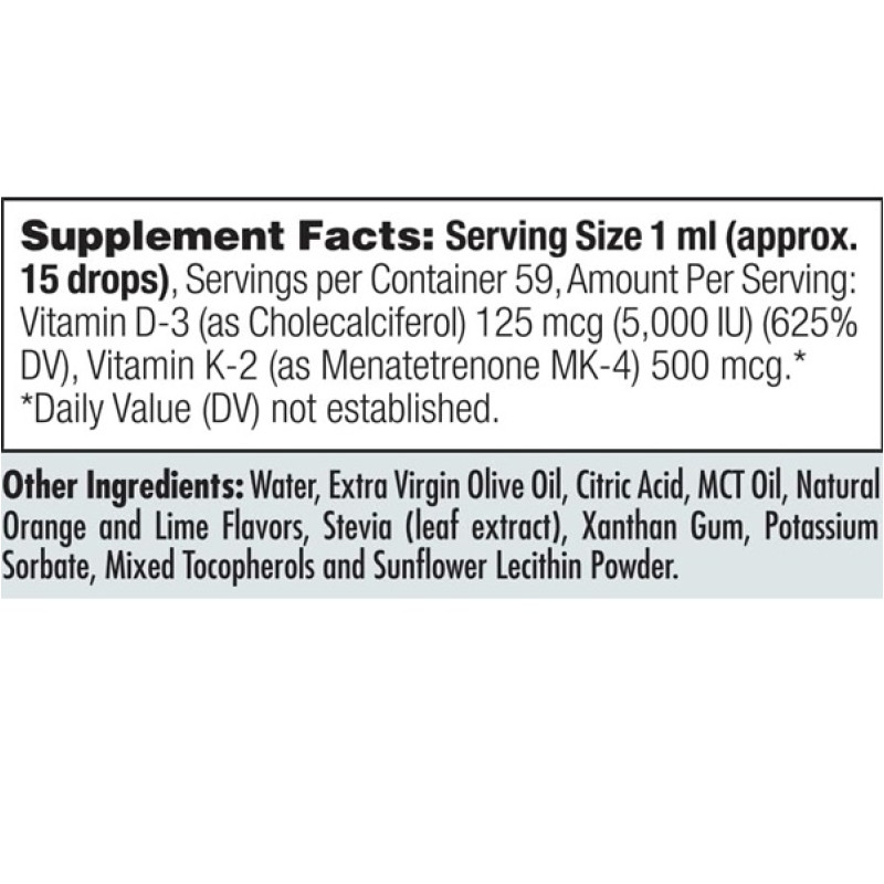Комплекс Вітамін D3+K2 KAL Vitamin D-3 K-2 Drop Ins, 2 fl oz 59 ml Natural Citrus Flavor CAL41369