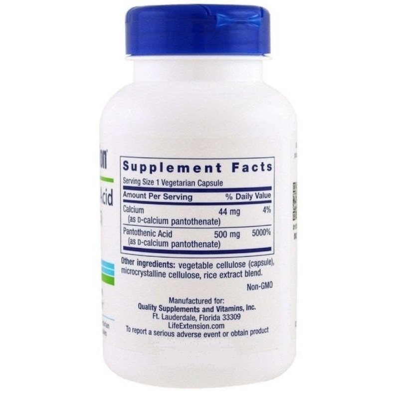 Пантотеновая кислота Life Extension Pantothenic Acid (Vitamin B-5) 500 mg 100 Veg Caps