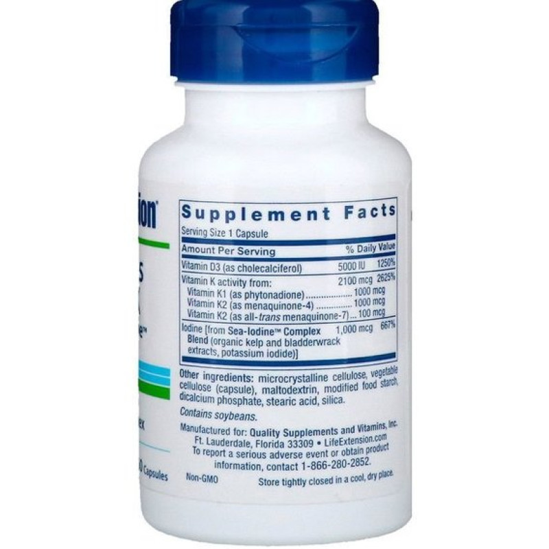 Комплекс Вітамін D3+K2 Life Extension Vitamins D and K with Sea-Iodine 60 Caps