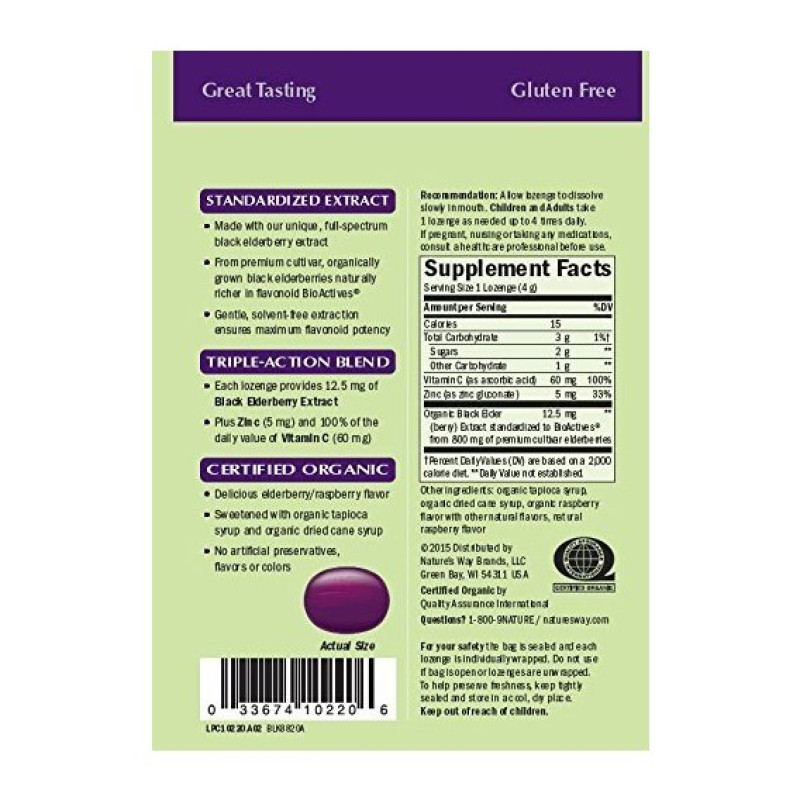 Бузина Nature's Way Sambucus Organic Zinc Lozenges 24 Lozenges Berry Flavor