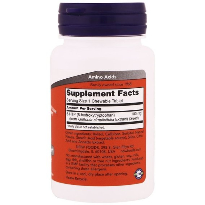 Триптофан NOW Foods 5-HTP 100 mg 90 Chewables Natural Citrus Flavor