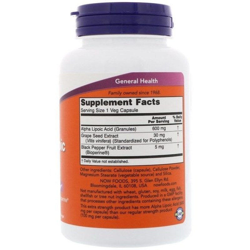 Альфа-липоевая кислота NOW Foods Alpha Lipoic Acid, Extra Strength 600 mg 60 Veg Caps NF3046