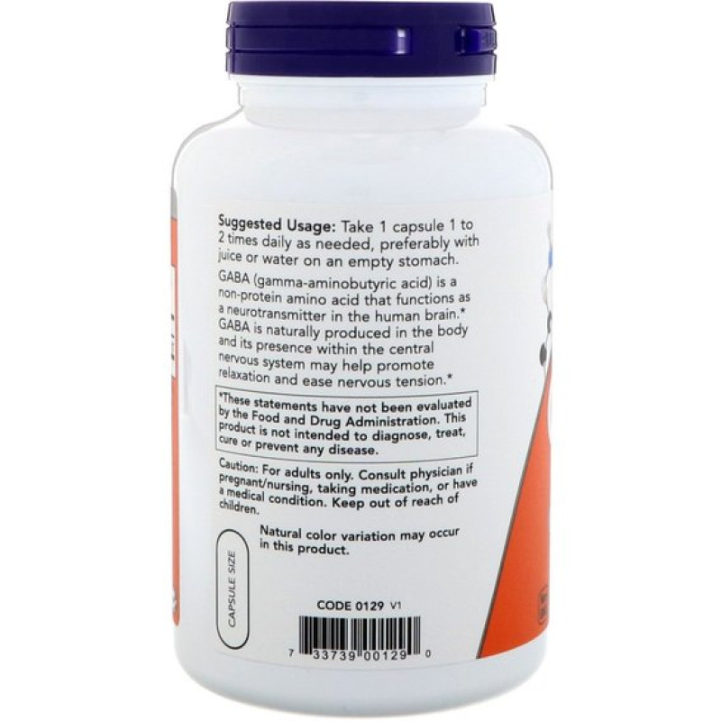 Аминокомплекс NOW Foods GABA 750 mg 200 Veg Caps NOW-00129
