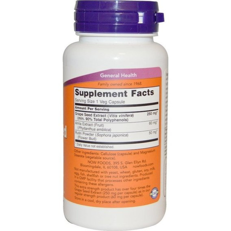 Екстракт виноградних кісточок NOW Foods Grape Seed 250 mg 90 Veg Caps