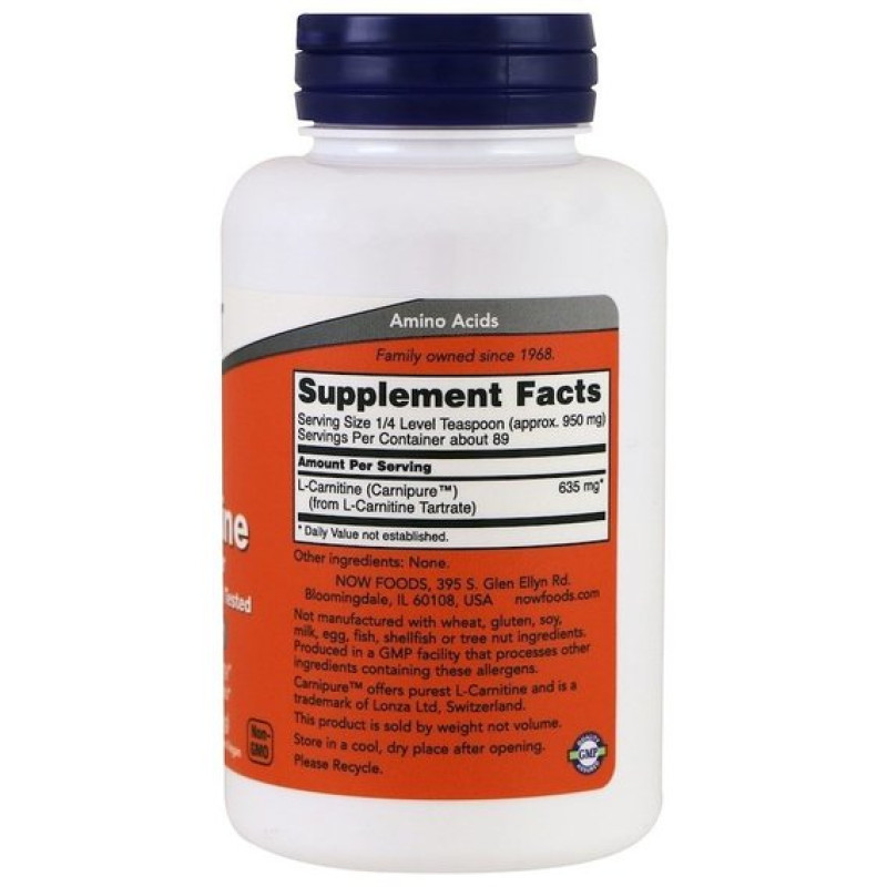 Карнитин NOW Foods L-Carnitine, Pure Powder, 3 oz 85 g /89 servings/ NF0217