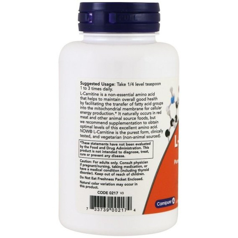 Карнитин NOW Foods L-Carnitine, Pure Powder, 3 oz 85 g /89 servings/ NF0217