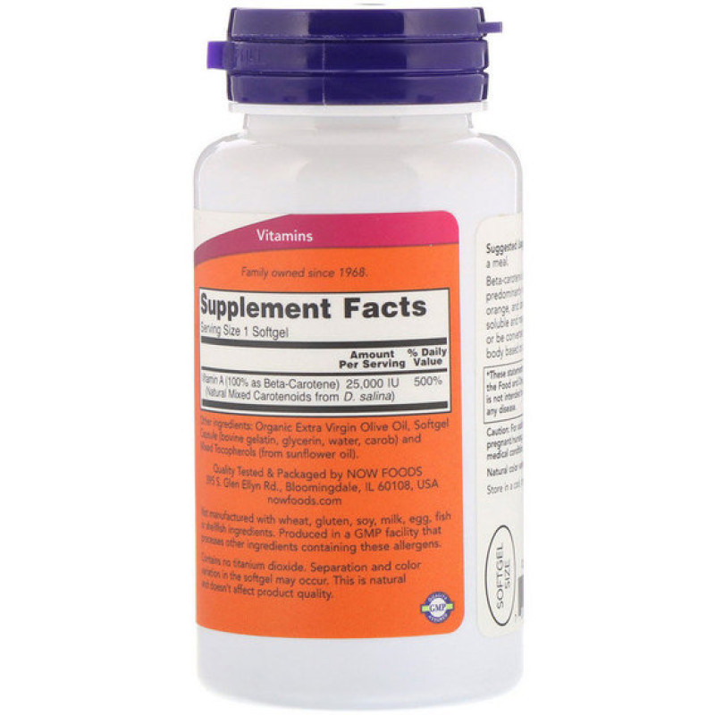 Вітамін A NOW Foods Natural Beta Carotene 25000 IU 90 Softgels