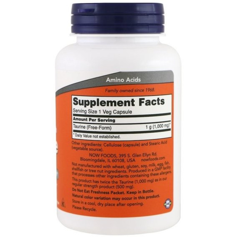 Таурин NOW Foods Taurine, Double Strength 1000 mg 100 Veg Caps NF0142