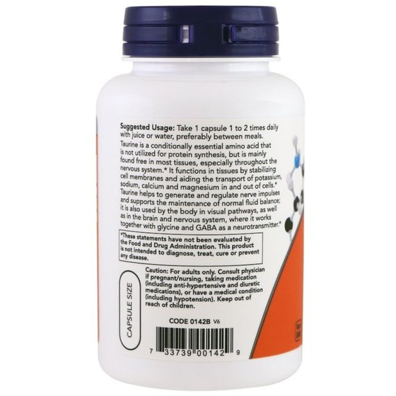 Таурин NOW Foods Taurine, Double Strength 1000 mg 100 Veg Caps NF0142