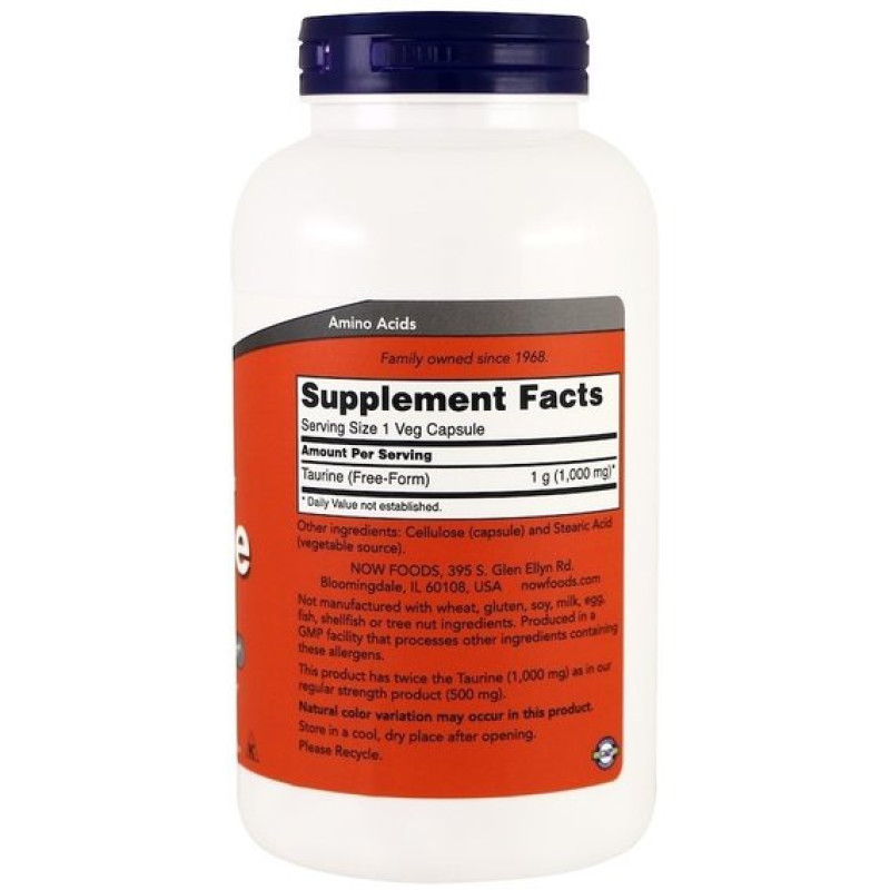 Таурін NOW Foods Taurine, Double Strength 1000 mg 250 Veg Caps NF0143