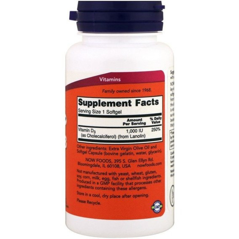 Вітамін D NOW Foods Vitamin D-3 1000 IU 360 Softgels