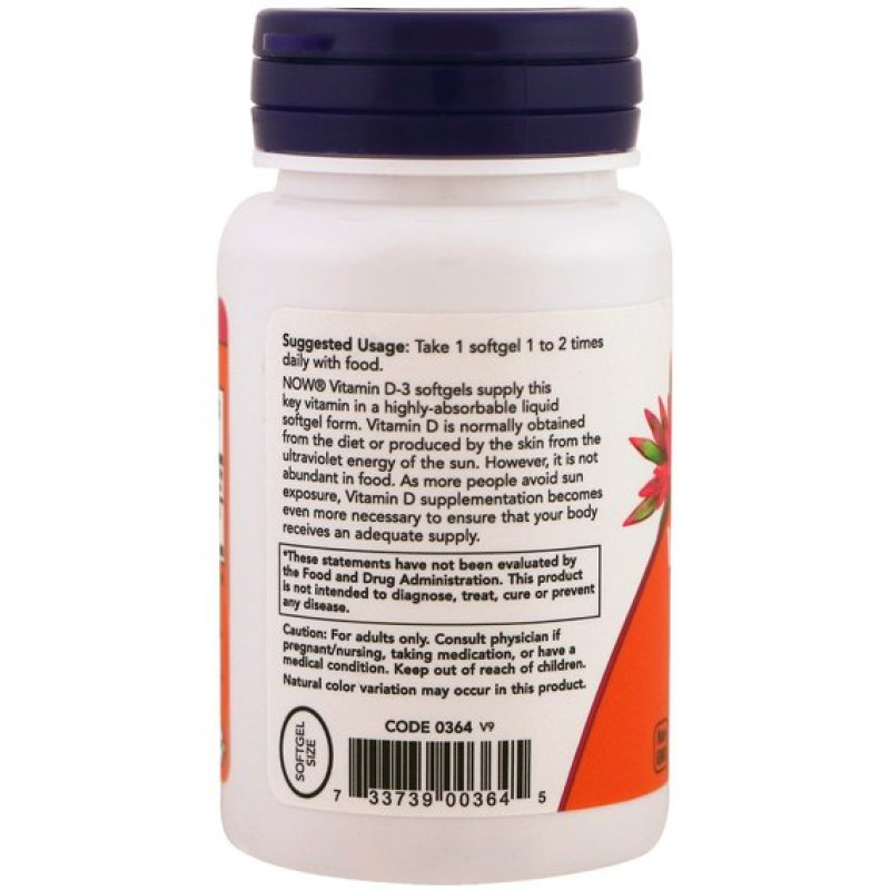 Вітамін D NOW Foods Vitamin D-3 400 IU 180 Softgels