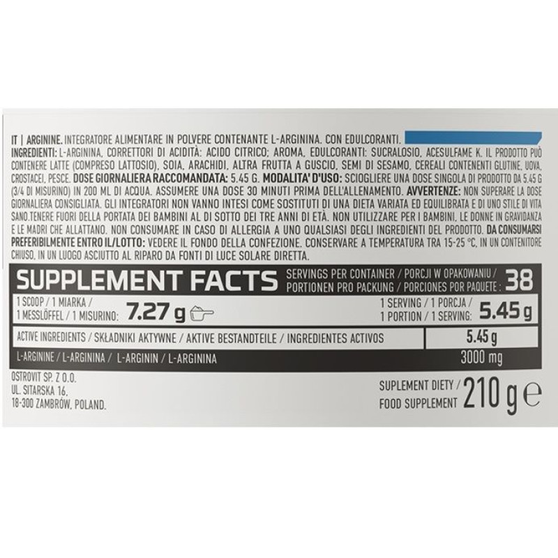 Аргінін для спорту OstroVit Arginine 210 g /42 servings/ Lemon