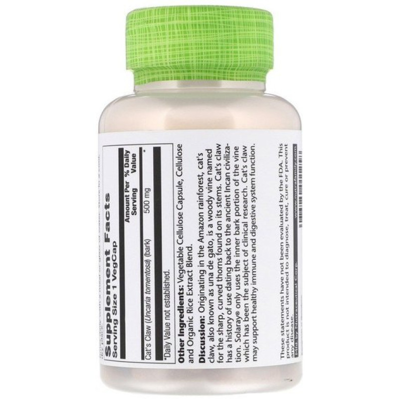 Котячий кіготь Solaray Cat's Claw 500 mg 100 Veg Caps SOR-01125