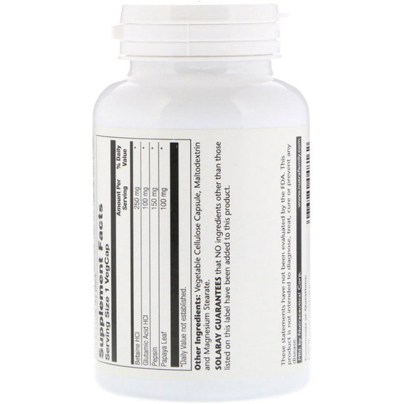 Бетаїну гідрохлорид Solaray HCL with Pepsin 250 mg 180 Veg Caps SOR-04816