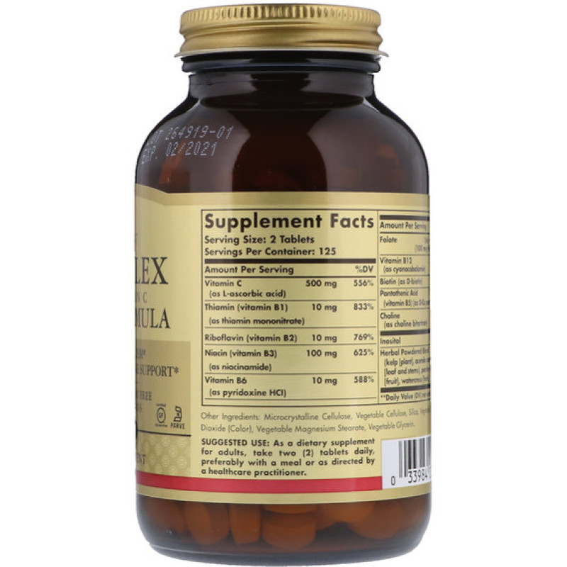 В комплекс Solgar B-Complex with Vitamin C Stress Formula 100 Tabs