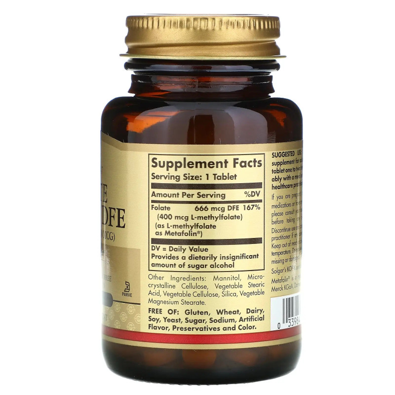 Фолієва кислота Solgar Folate 666 mcg DFE (As Metafolin 400 mcg) 100 Tabs